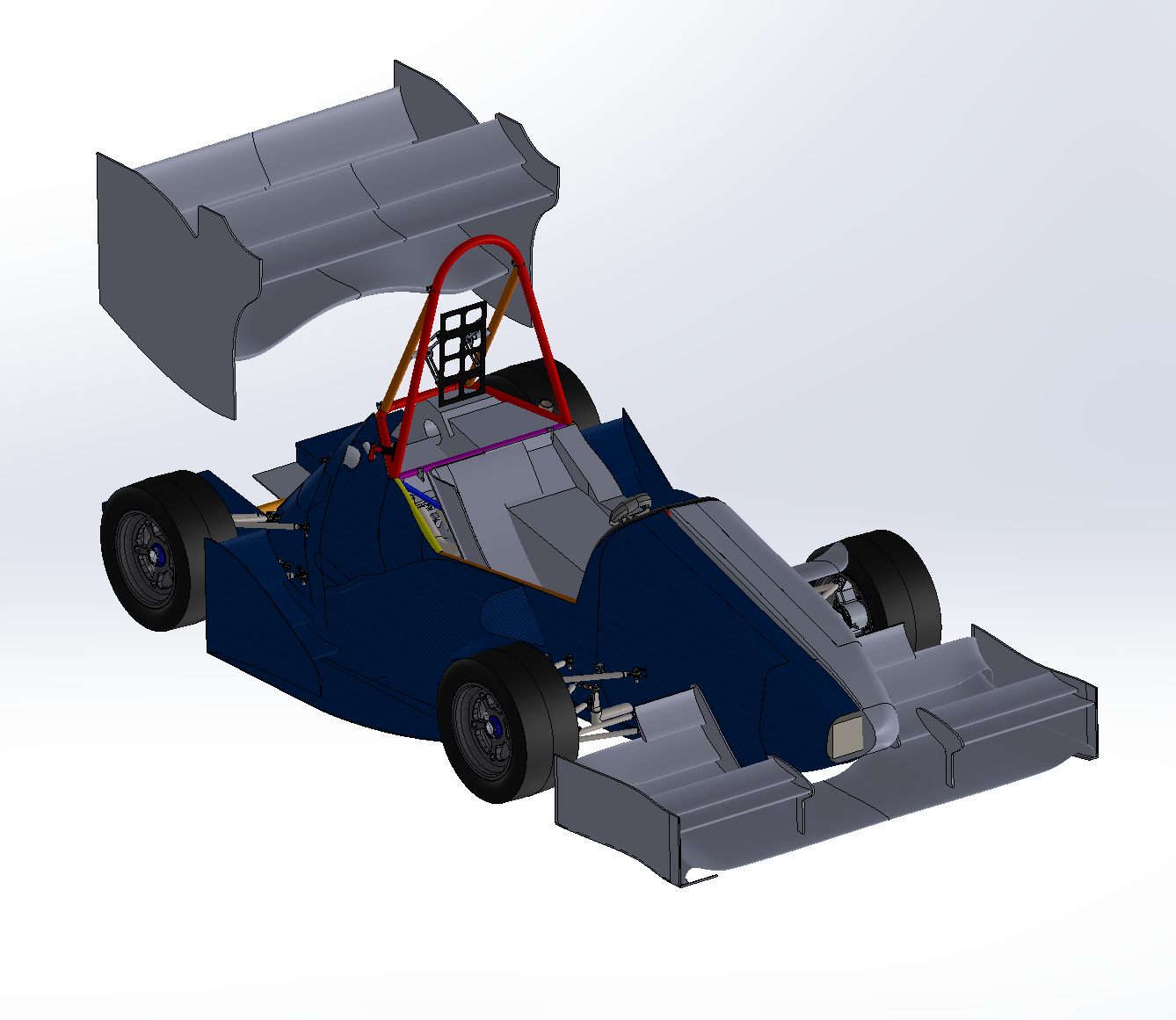 Full CAD render of the VU Formula SAE car with front wing, sidepods, and rear wing