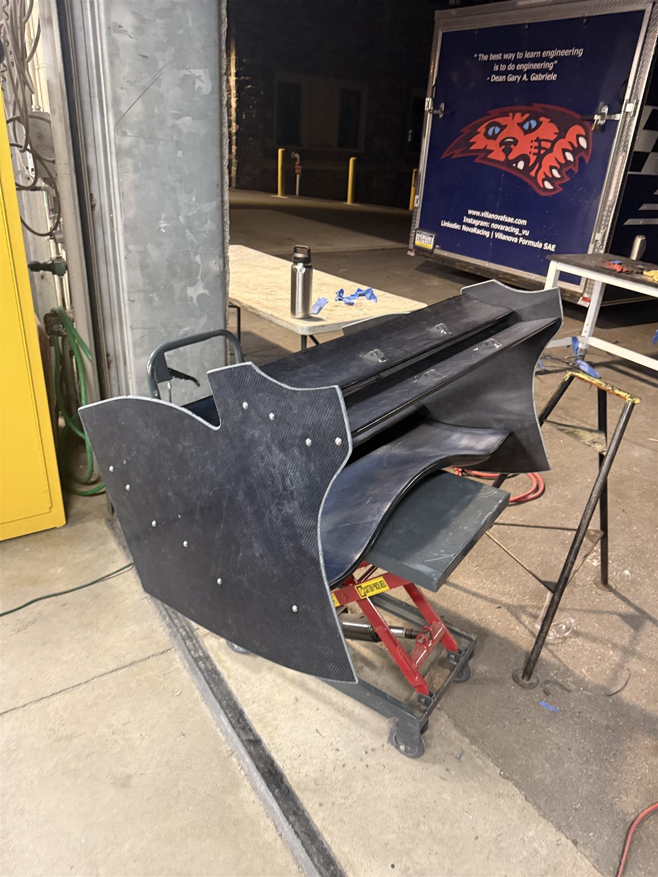 Near-finished rear wing and endplate assembly