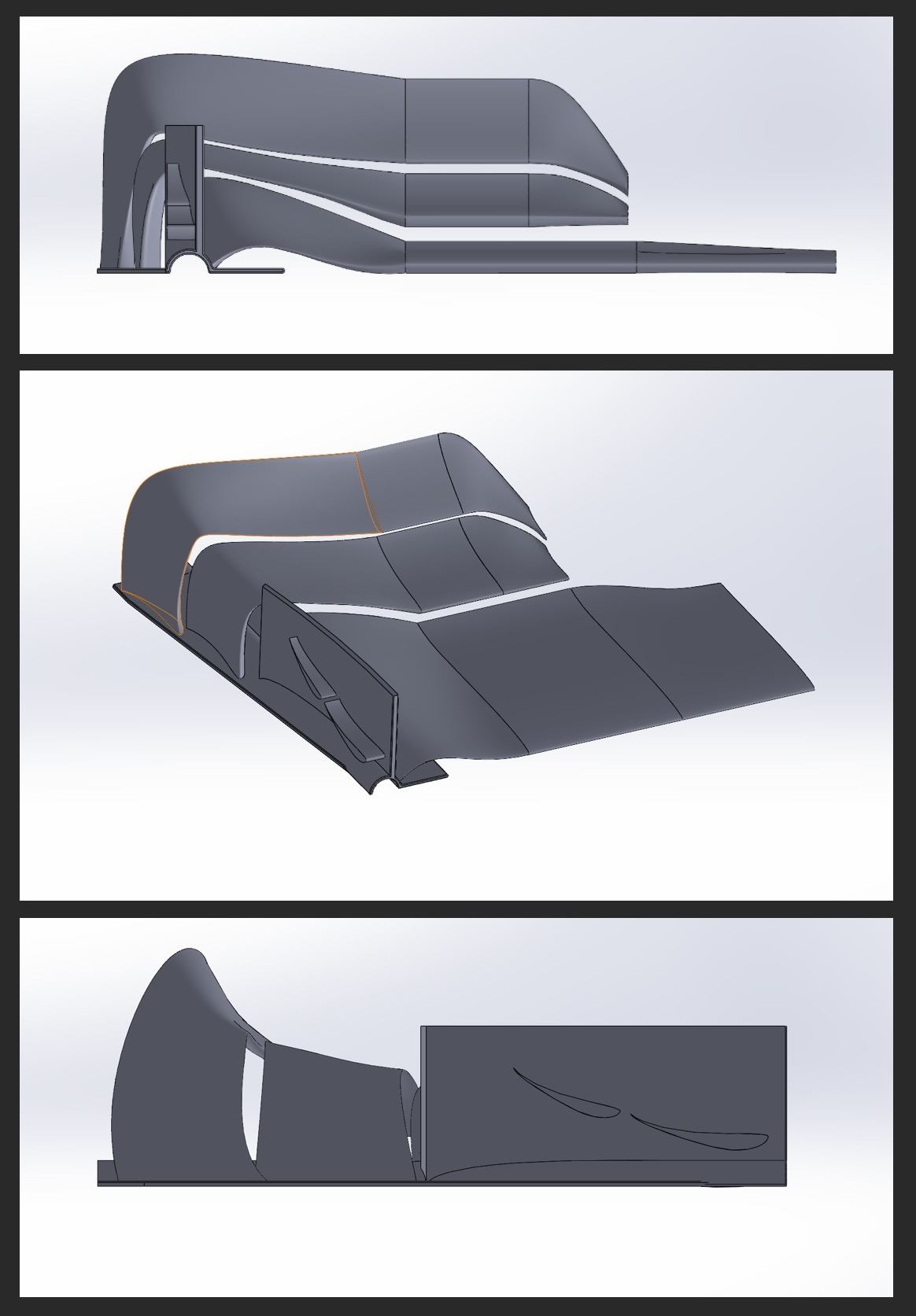 Side, isometric and front views of a later front wing iteration